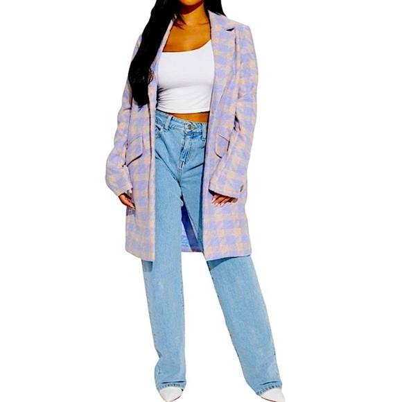 HYFVE coat blazer jacket long line houndstooth 2 button front pockets Trendy L - Picture 14 of 14